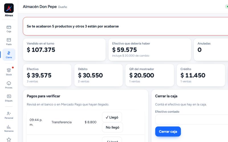 Cierre de caja con efectivo esperado